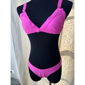 Hot‎ Pink Rhinestone Bikini Set Women's Swimsuit Sparkle Beachwear - M